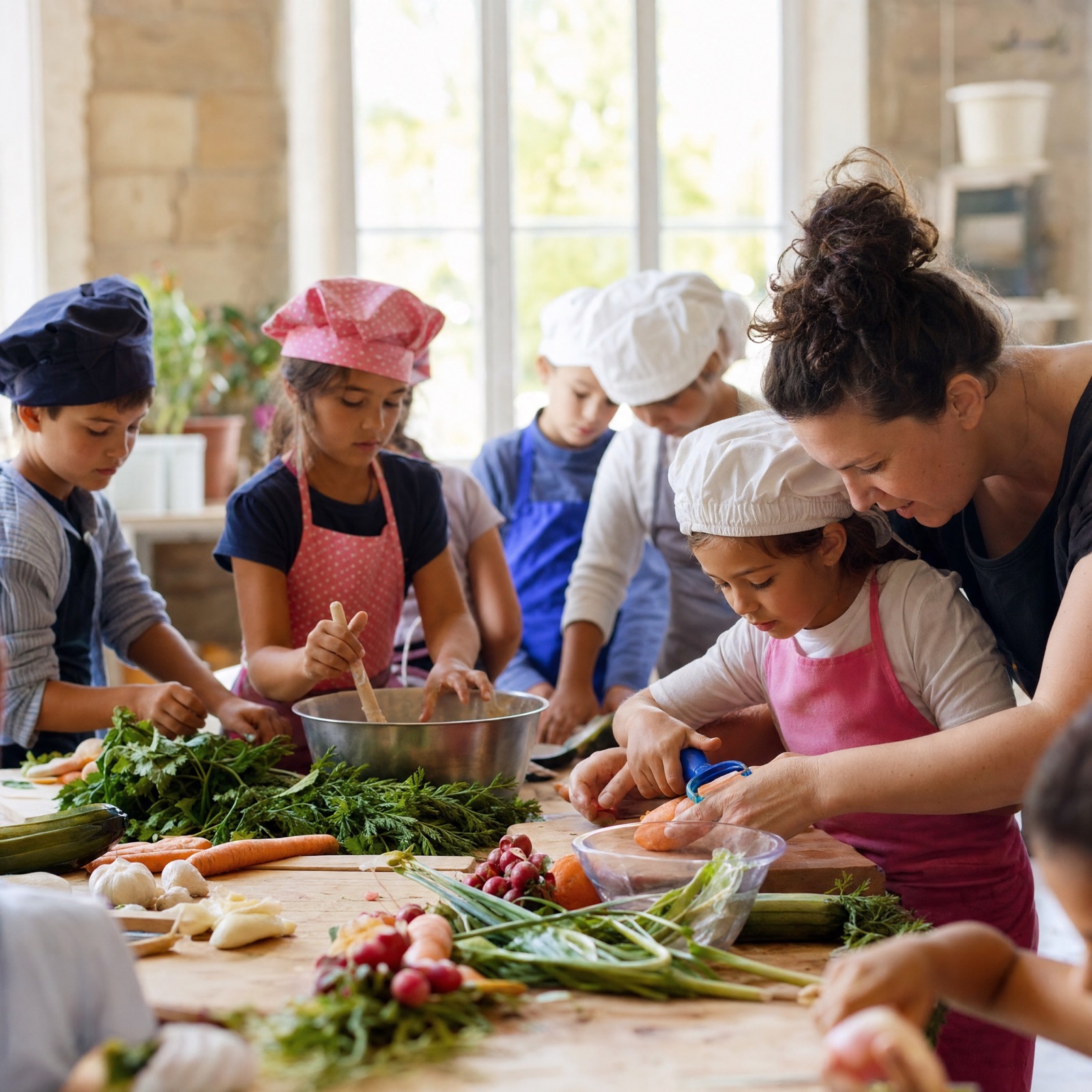 Enfants remuant des bols de crème à l'atelier