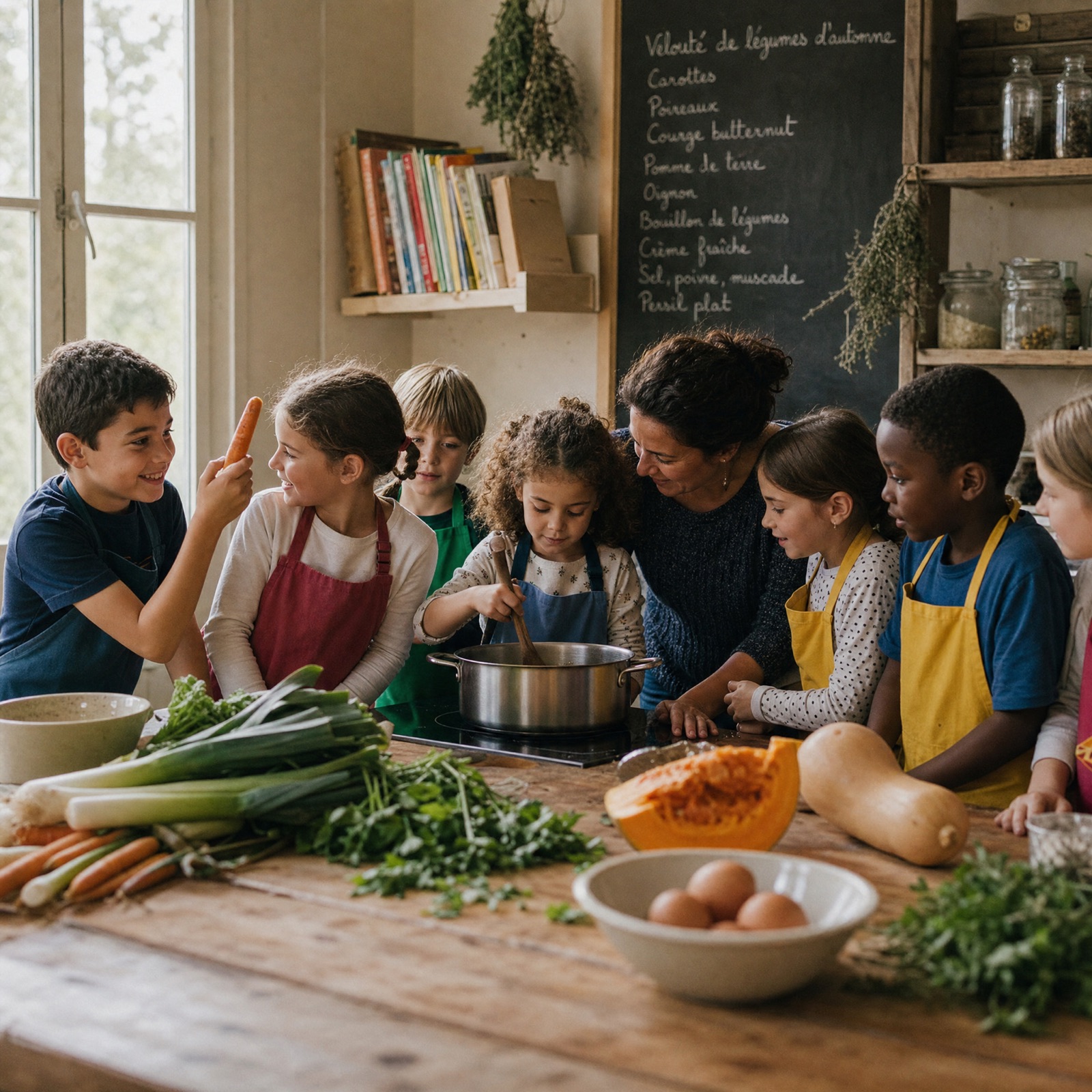 Enfants cuisinant avec une bénévole dans l'atelier de Caen